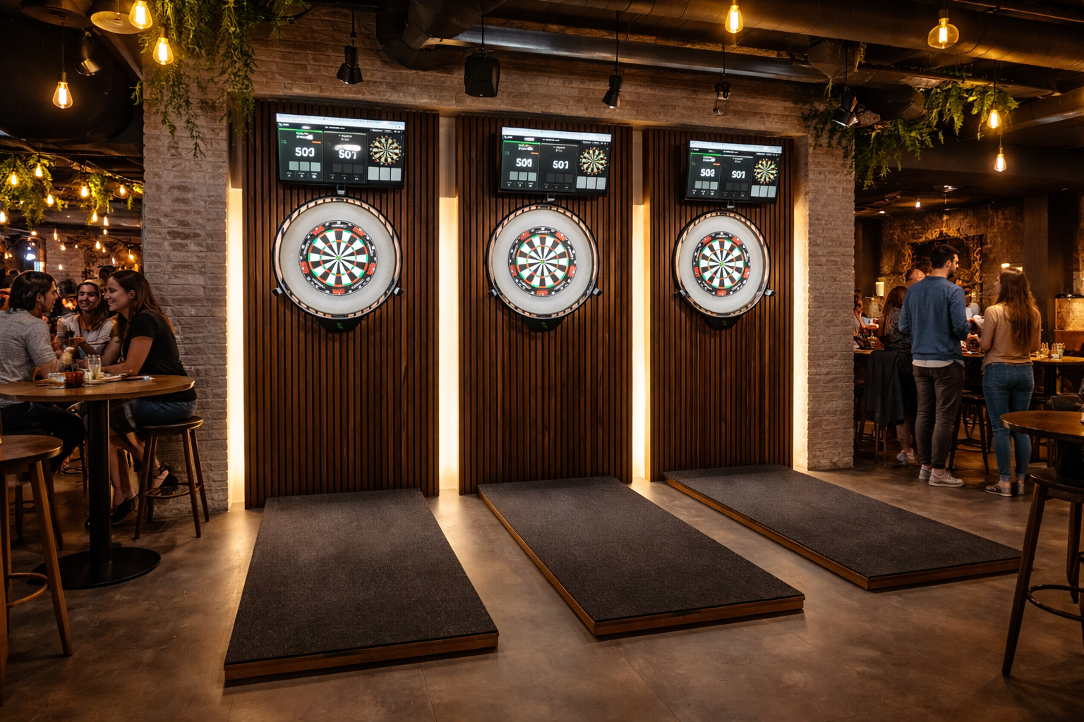Komplet Nordic Dart Leasing opsætning med tre dartbaner i en bar