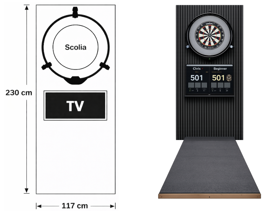 Professionel dartbane — Model 2 med TV under dartskiven